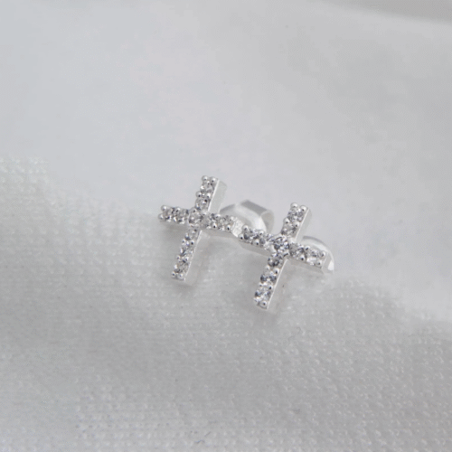 Stud Earrings Rhodium Plated Silver Cross with CZ