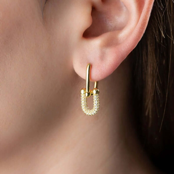 Gold-Plated Ball U Shape Chain Link Dangle Earrings - Image 2