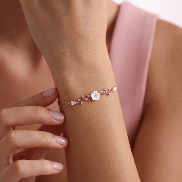 Petite Magnolia Flower Bracelet Rose Gold Plated Chain - Image 4