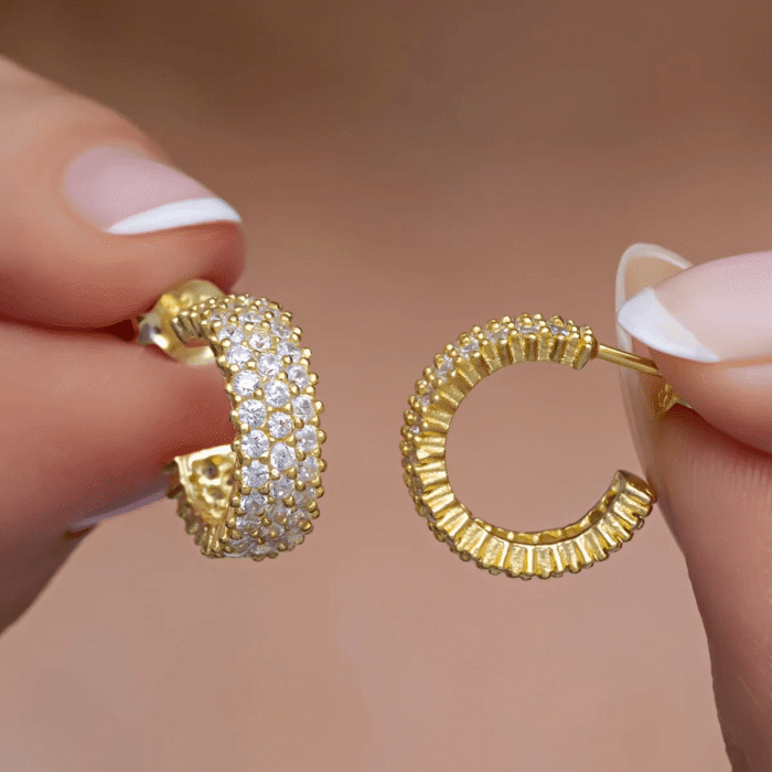 Silver Rose Gold-Plated 3 Rows Zirconia Round Stud Earrings - Image 3