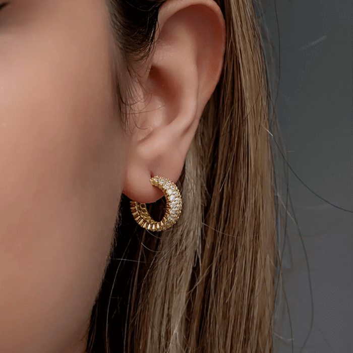 Silver Rose Gold-Plated 3 Rows Zirconia Round Stud Earrings - Image 5